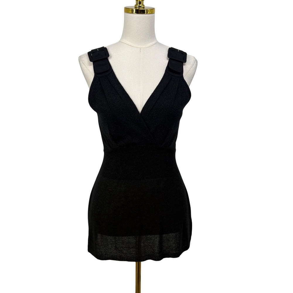 Nado Womens Black Y2K Peplum V-Neck Cami Top Buckle Straps‎ Size M Cyber Goth